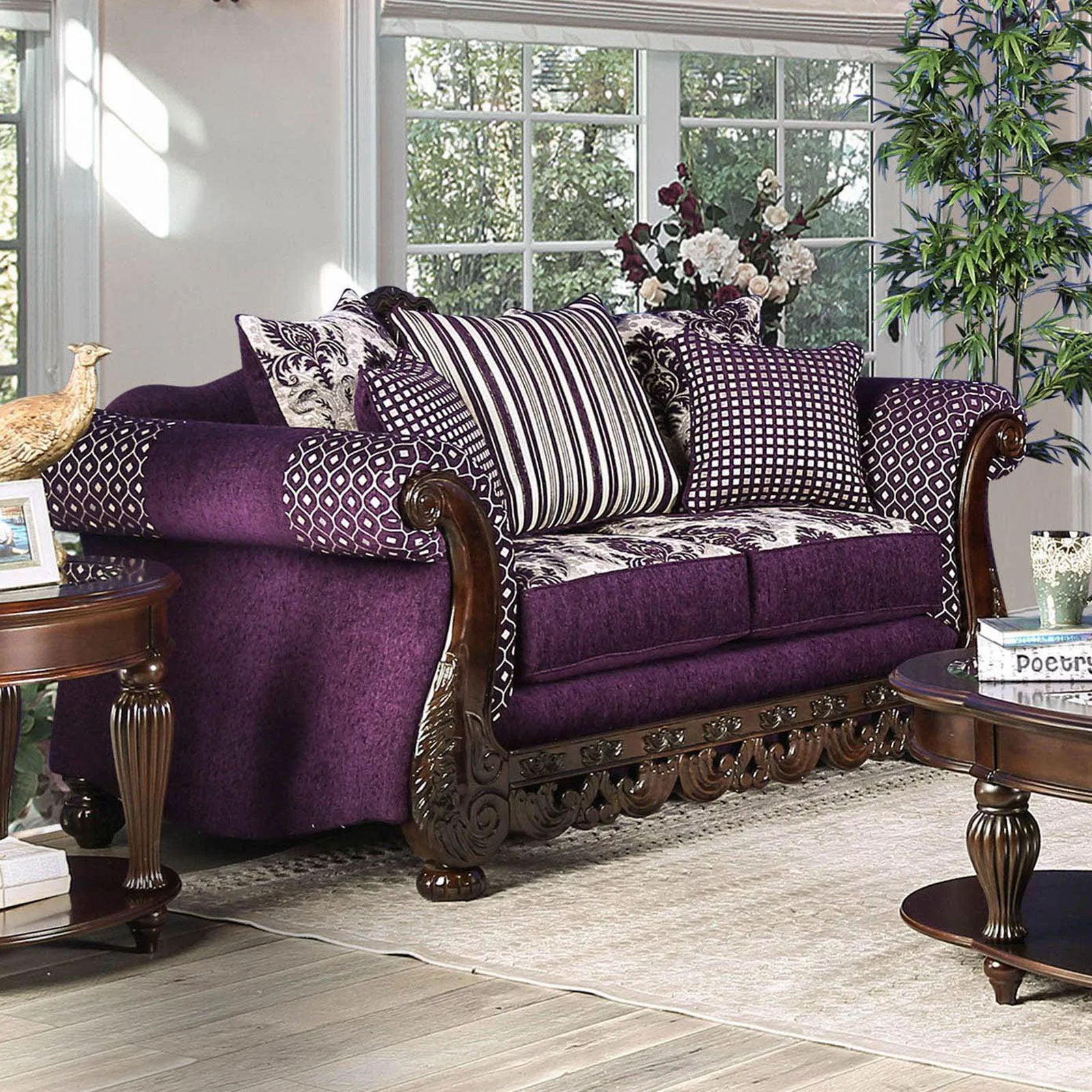 Transitional Purple & Silver Chenille Sofa and Loveseat FOA Emilia