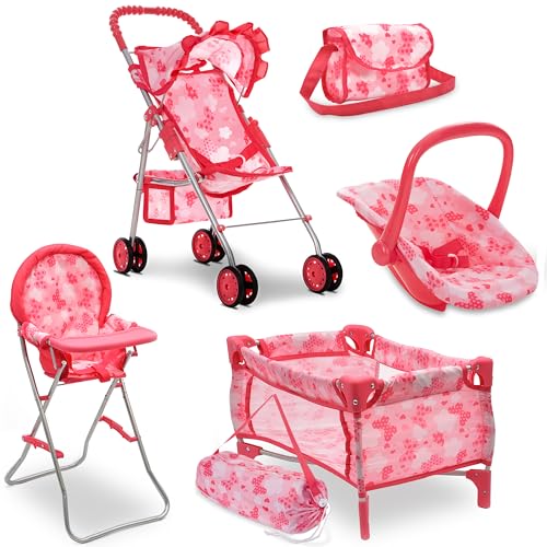 Dolls To Play Baby Doll Stroller Bed and Seat Nursery Playset, Accessories Furniture Set High Chair Diaper Bag Role Play Deluxe Set