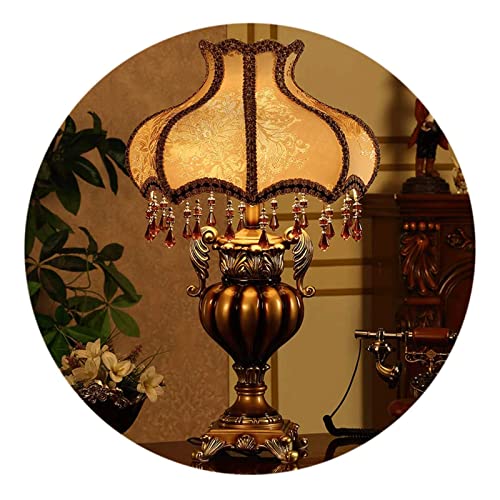 BAUBUY European Style Gold Table Lamp Princess Victorian Style Silk Fabric Bedside Desk Lamp Spherical Resin Lamp Body with Hand Painted Base for Living Room Bedroom