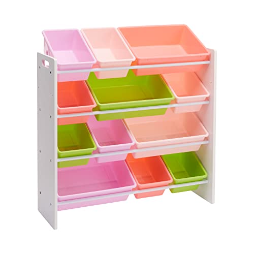 Amazon Basics Kids Toy Storage Organizer With 12 Plastic Bins, White Wood With Pink Bins, 10.9