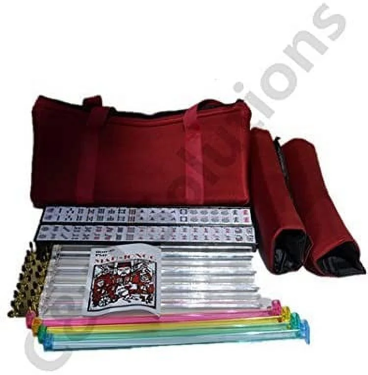 4 Color Pushers and 4 Clear Racks + American Mah Jong Set Burgundy Red Bag 166 Tiles (Mah Jong Mah Jongg Mahjongg)
