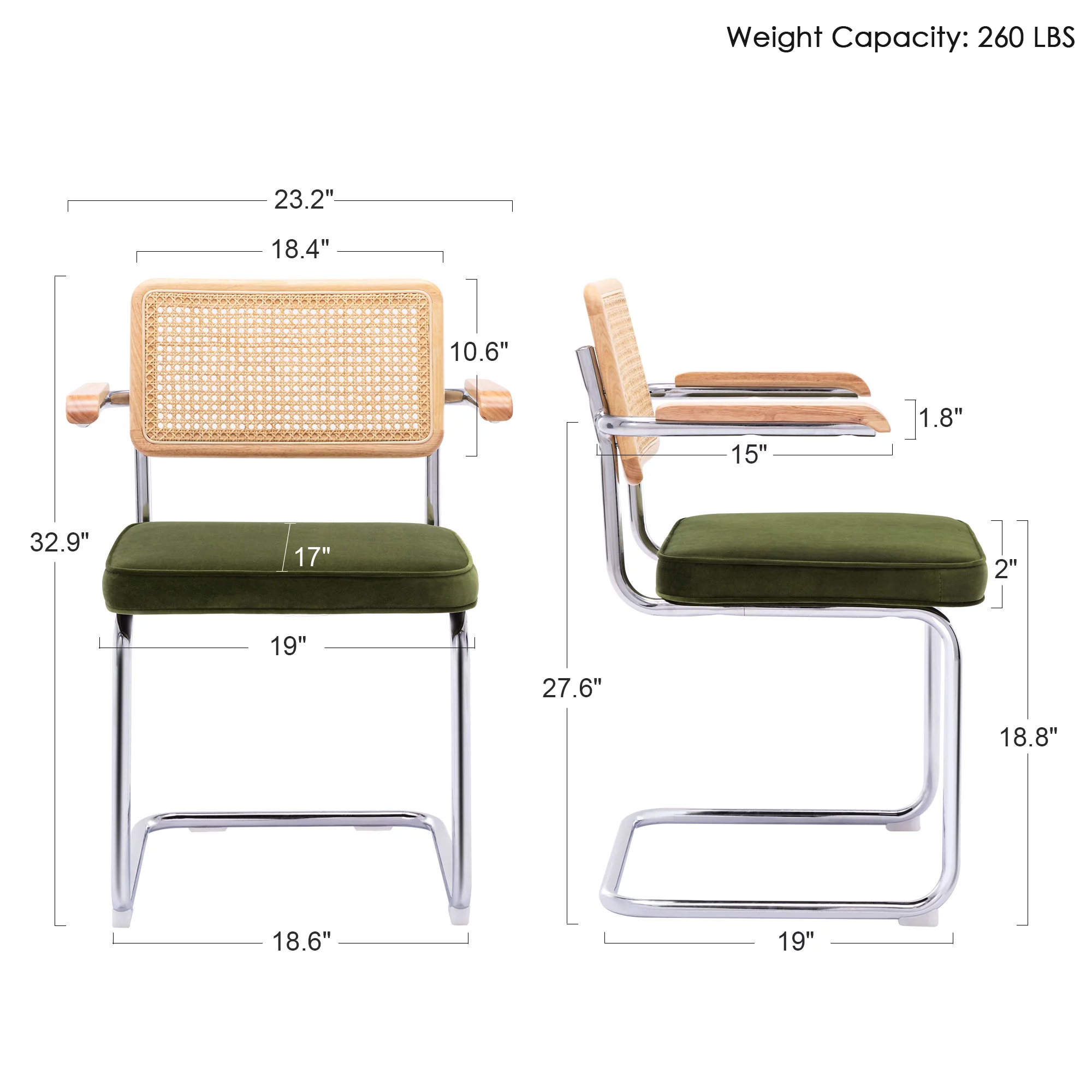 Zesthouse Mid-Century Modern Rattan Dining Chairs Set of 2, Velvet Upholstered Kitchen Arm Chair with Cane Back and Chrome Legs, Green