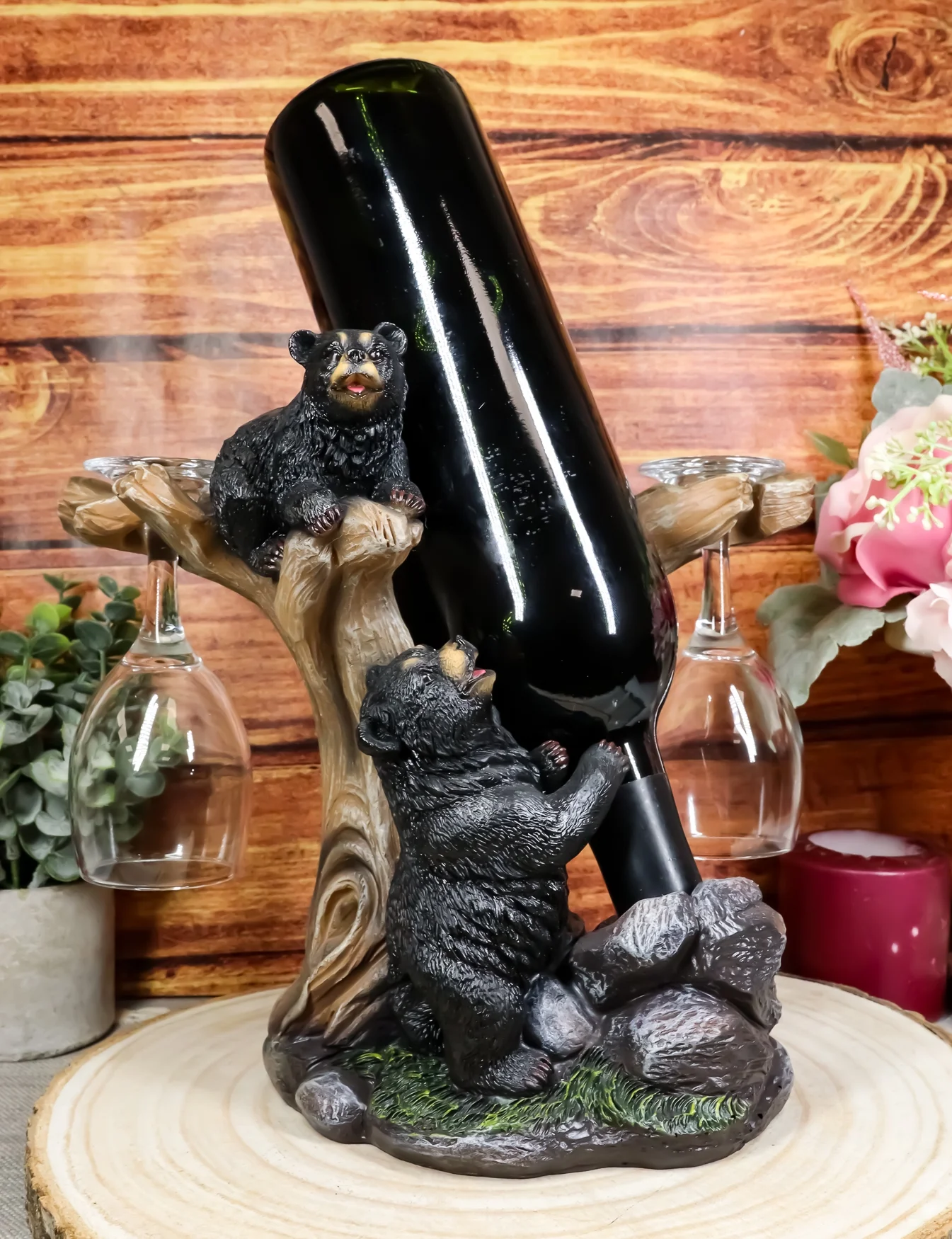 Ebros 10"H Climbing Black Bear Liquor Wine Glasses and Bottle Holder Figurine