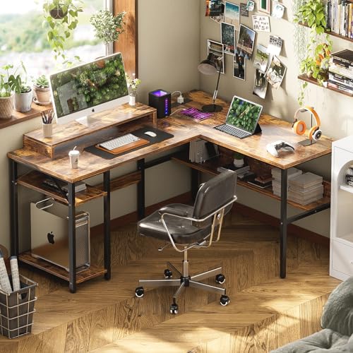 Unikito Reversible L Shaped Desk with Magic Power Outlets and Smart LED Light, Sturdy Corner Computer Desk with Monitor Stand & Storage Shelves, Gaming Table Home Office Desk, Easy Assembly, Black