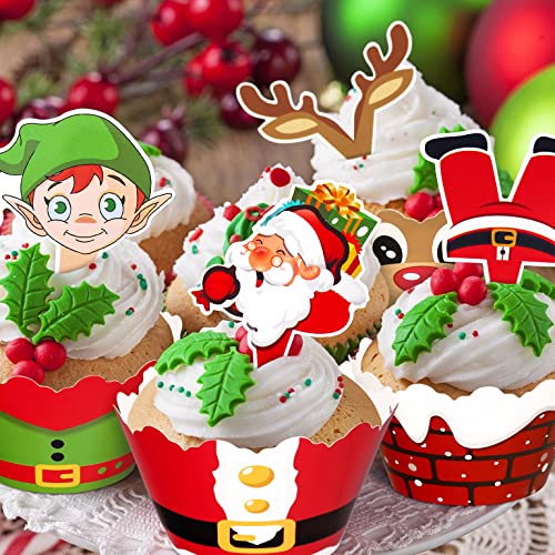 128 Pieces Christmas Cupcake Toppers Wrappers Party Supplies Favors - Snowman Santa Claus Reindeer Elf Gnome Gingerbread