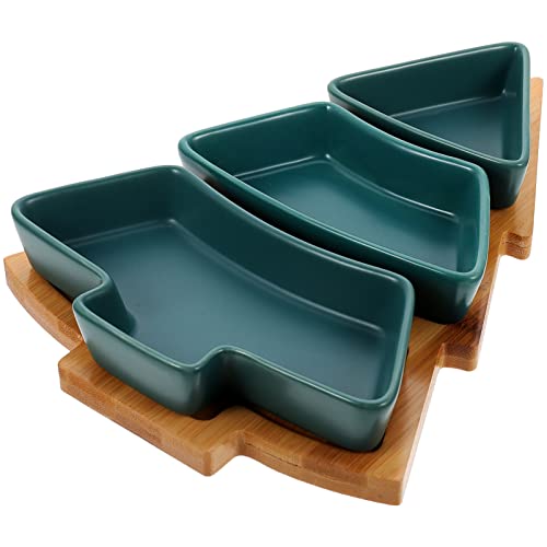 UPKOCH Christmas Tree Shaped Ceramic Snack Trays with Wooden Base, Tree Shaped Candy Dish Green Appetizer Plates for Nuts, Candy Dessert, Holiday Party Serving Platter, 10.38in