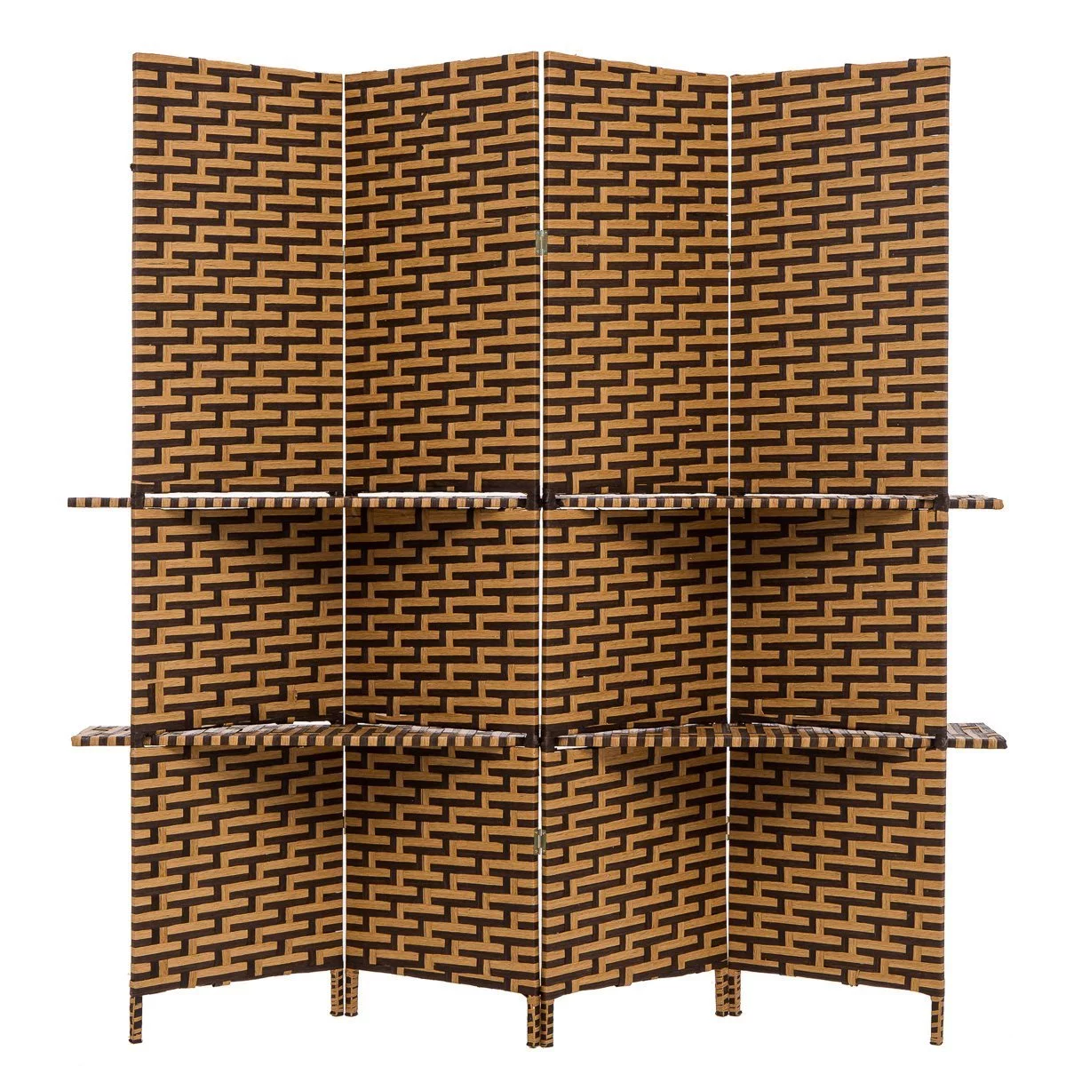 THY COLLECTIBLES Freestanding Woven Bamboo 4 Panels Hinged Privacy Panel Screen Partition Wall With 2 Display Shelves Holding Room Divider With Shelves-Bamboo (Darkmocha)
