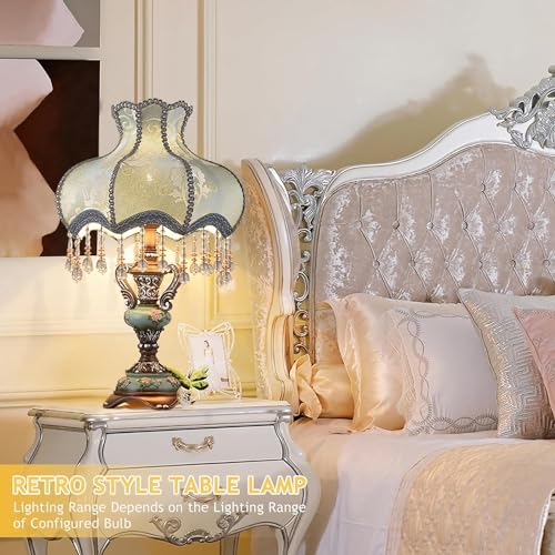 European Style Table Lamp Victorian Desk Lamp American Retro Handmade Fabric Lampshade with Resin Lamp Body Bedside Nightlight for Bedroom Study Office Living Room