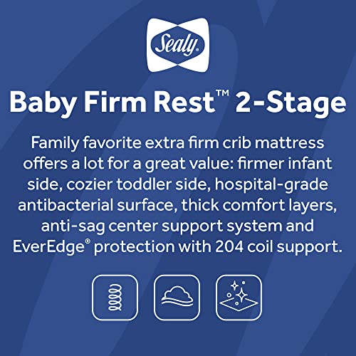 Sealy Baby Firm Rest Antibacterial Breathable Crib Mattress, Made in USA, GREENGUARD Gold Certified, 204 Steel Coils, 2 Stage, Toddler Bed Fit, Waterproof, Non Toxic, Safety & Quality Tested, 52x28