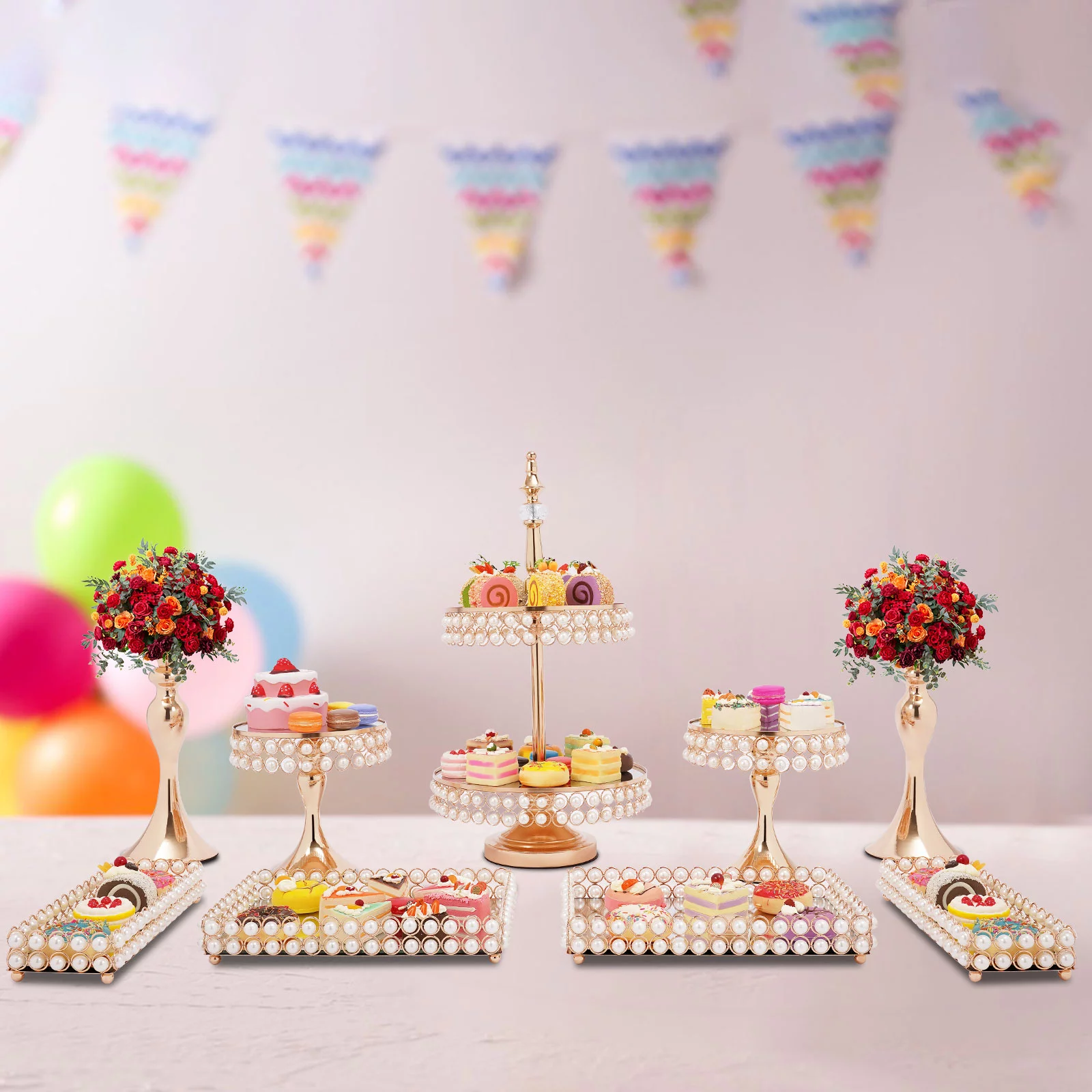 Aiqidi 9Pcs Acrylic Pearl Cake Stand Set Gold Metal Cake Stands Tempered Glass Mirror Pastry Tray Wedding Cupcake Display Holder