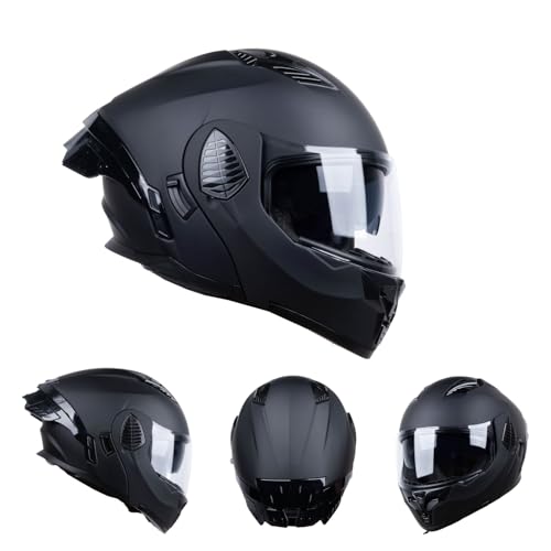 Full Face Modular Motorcycle Helmets Dual Visor Flip up DOT Approved Racing Street Bike Motocross Helmet for Adults (Matt Black, X-Large)