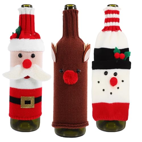 Cabilock Christmas Wine Bottle Covers, Cute Christmas Sweater Wine Bottle Cover, 3PCS Handmade Sweater for Xmas Party Decorations