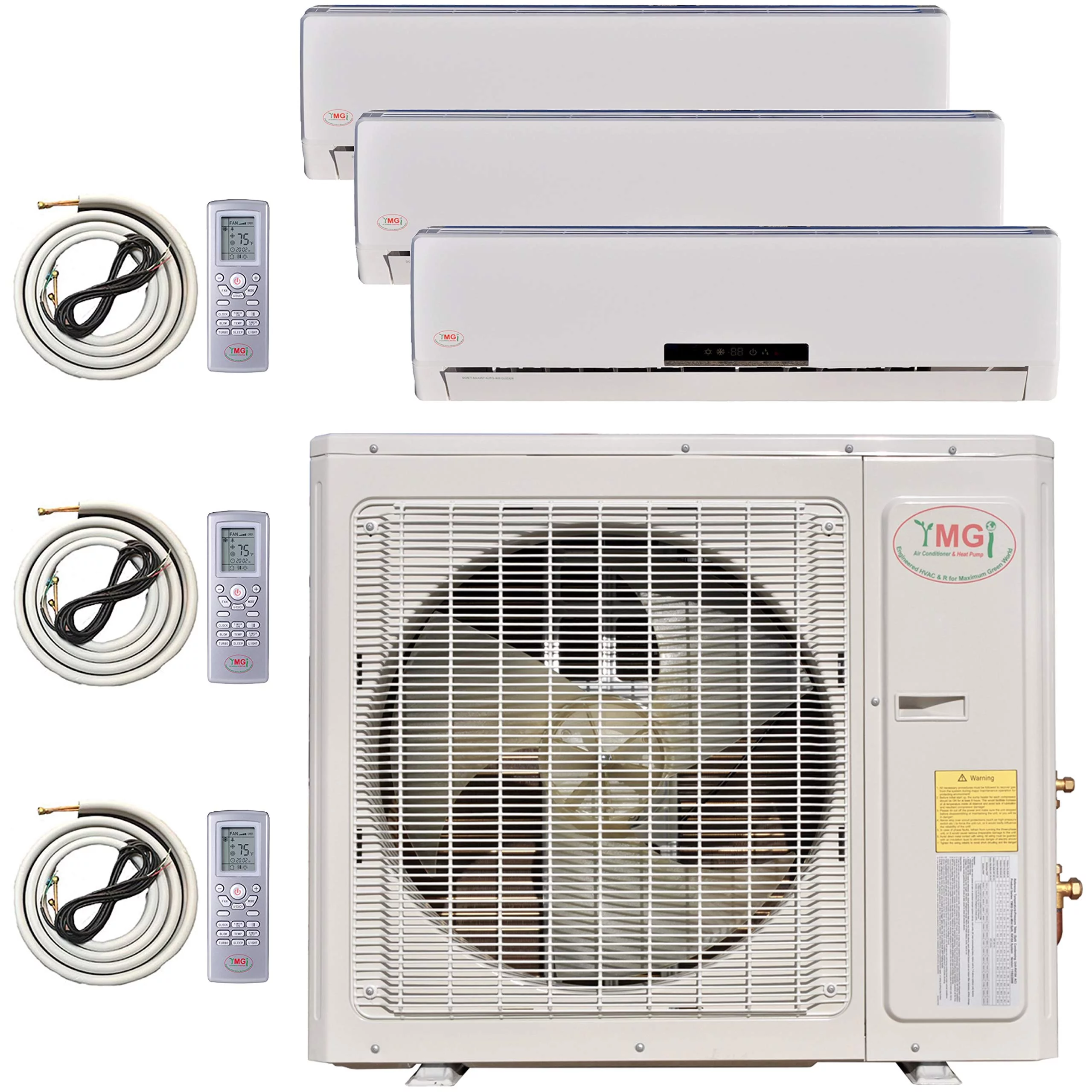 Multi Zone Mini Split Ductless Air Conditioner Tri Zone 9000 9000 18000 3 Zone Pre-Charged Inverter Compressor Includes Three Free 25ft Linesets US Parts & Tech Support