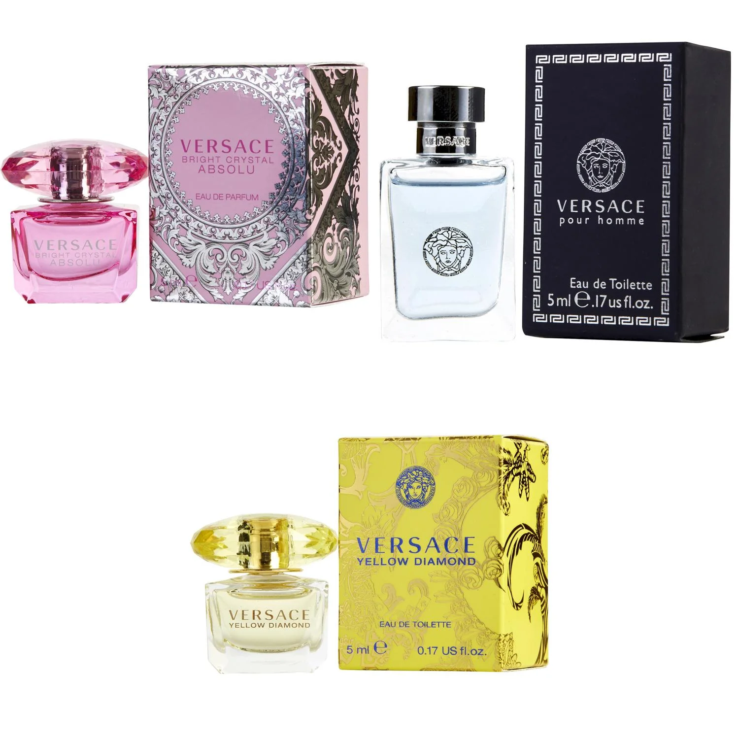 Versace Bright Crystal Absolu EDP, Pour Homme EDT, Yellow Diamond  EDT - 5ml 3PK Kit