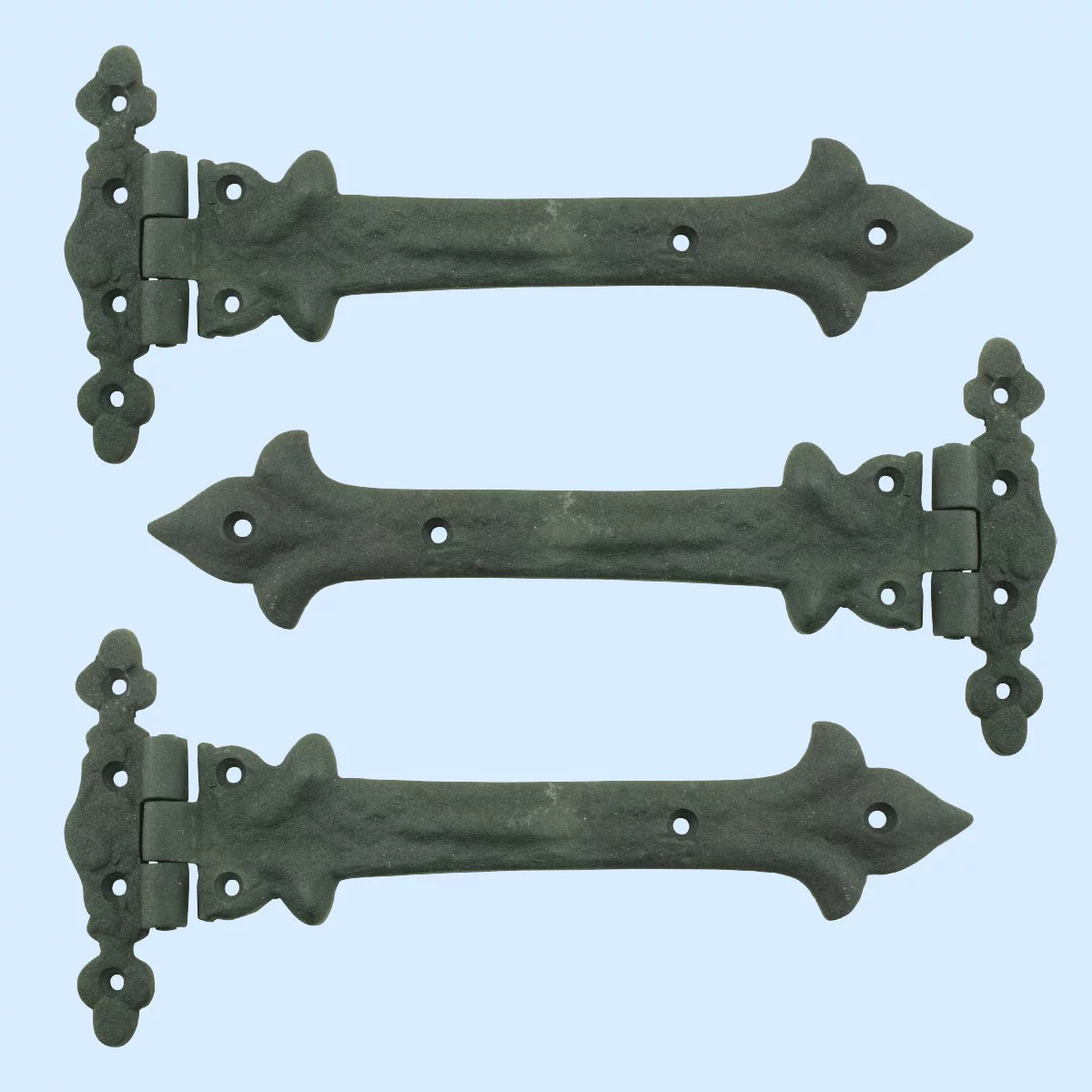 Renovators Supply Black Wrought Iron Strap Hinge 9 in Southern Charm Style Spear Tip Flush Mount Heavy Duty Strap Gate and Door Hinges w/Hardware Pack of 3
