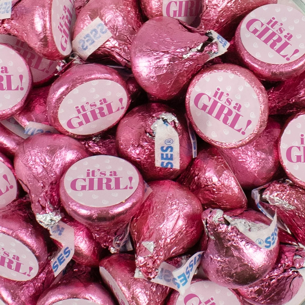 100 Pcs Pink It's a Girl Baby Shower Candy Party Favors Milk Chocolate Kisses with Stickers