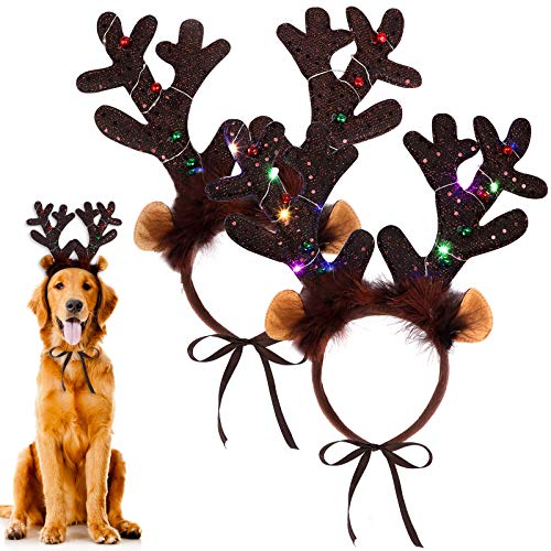 URATOT 2 Pack Dog Cat Light Up Christmas Reindeer Headbands LED Deer Headwear Party Hats for Pets Christmas Party Favors