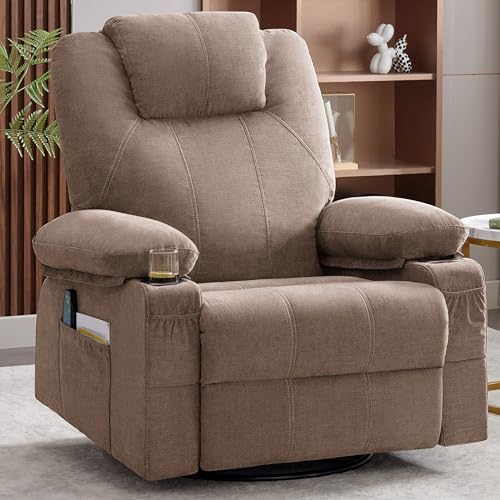 Swivel Rocker Recliner Chair with Heat and Massage, 360 Degree Swivel Rocking Single Sofa with Cup Holders and USB Port, Big Large Oversized Recliner Chair for Living Room (Leather, Brown)