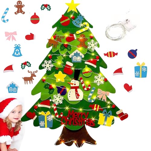 Montessori Felt Christmas Tree for Toddlers, 3.2FT DIY Wall Xmas Tree with 32 Ornaments and Lights, Kids Interactive Felt Wall Hanging Christmas Tree Detachable Ornaments (Style A-1set)