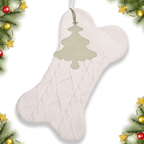 Knitted Dog Christmas Stocking with Name Tag, Personalized Large 18 inch Dog Bone Shape Stocking, Dual-Layer Lining and Double Side Knit Xmas Stockings for Dogs Pets Decorations (Red Bone)