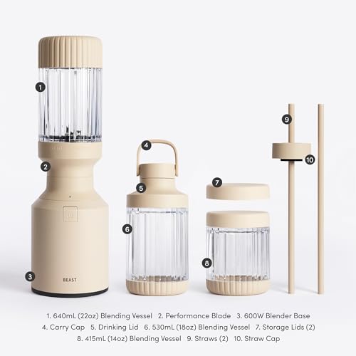 The Beast Mini Blender Plus | Mini Countertop Kitchen Blender | Blend Smoothies and Shakes, Dressings, Sauces, Dips | Extra Vessels, Straw Cap and Straws Included | 600W (Cloud White)