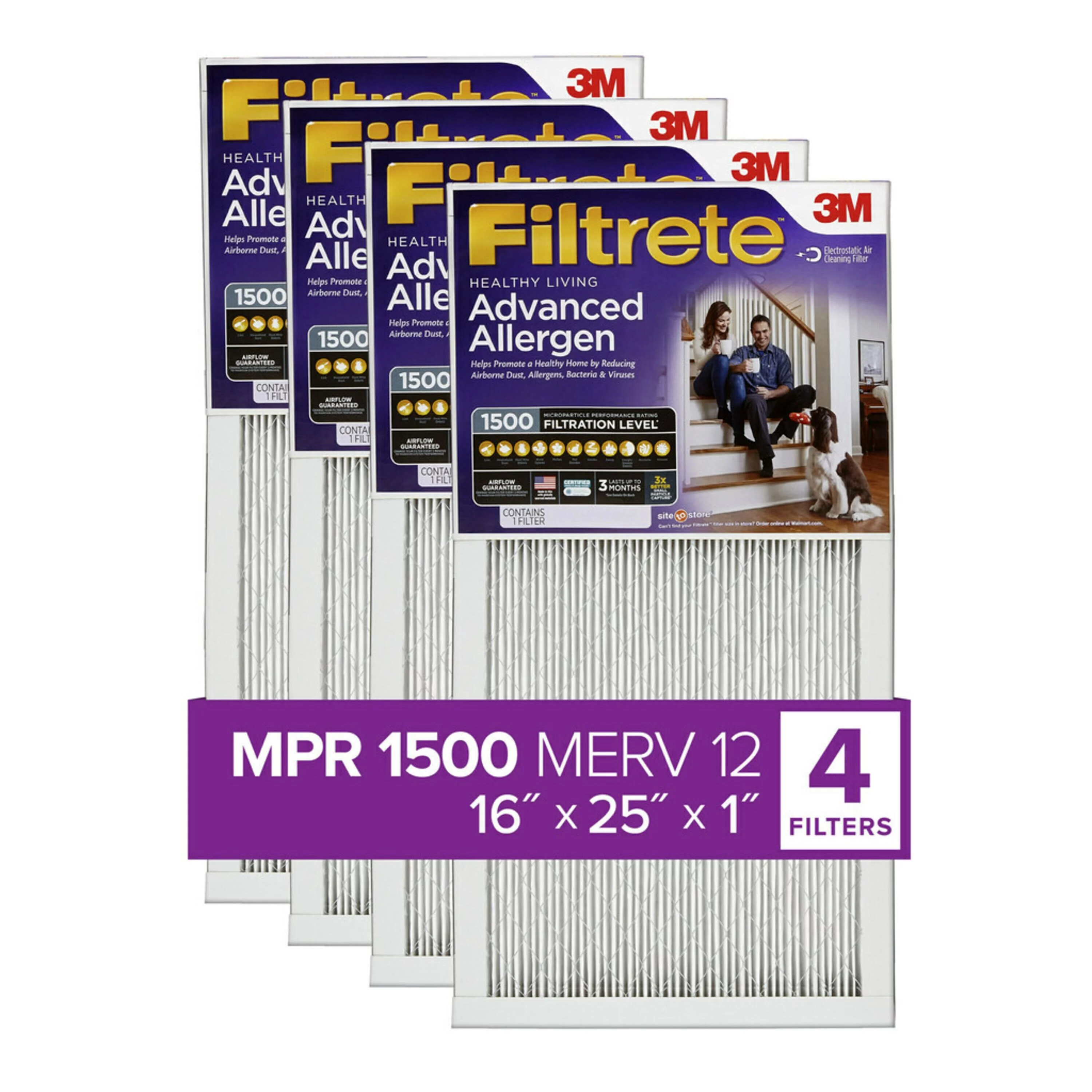 Filtrete 16x25x1 Air Filter, MPR 1500 MERV 12, Advanced Allergen Reduction, 4 Filters