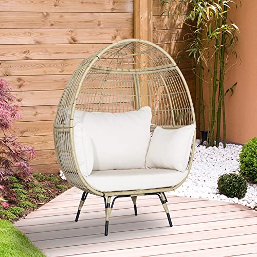 Tangkula Oversized Wicker Egg Chair, Stationary Patio Lounge Basket w/ 4 Soft Cushions, Stable Metal Frame, Gorgeous Indoor Outdoor Lounge Chair, Ideal for Living Room, Backyard, 450 LBS Max Load
