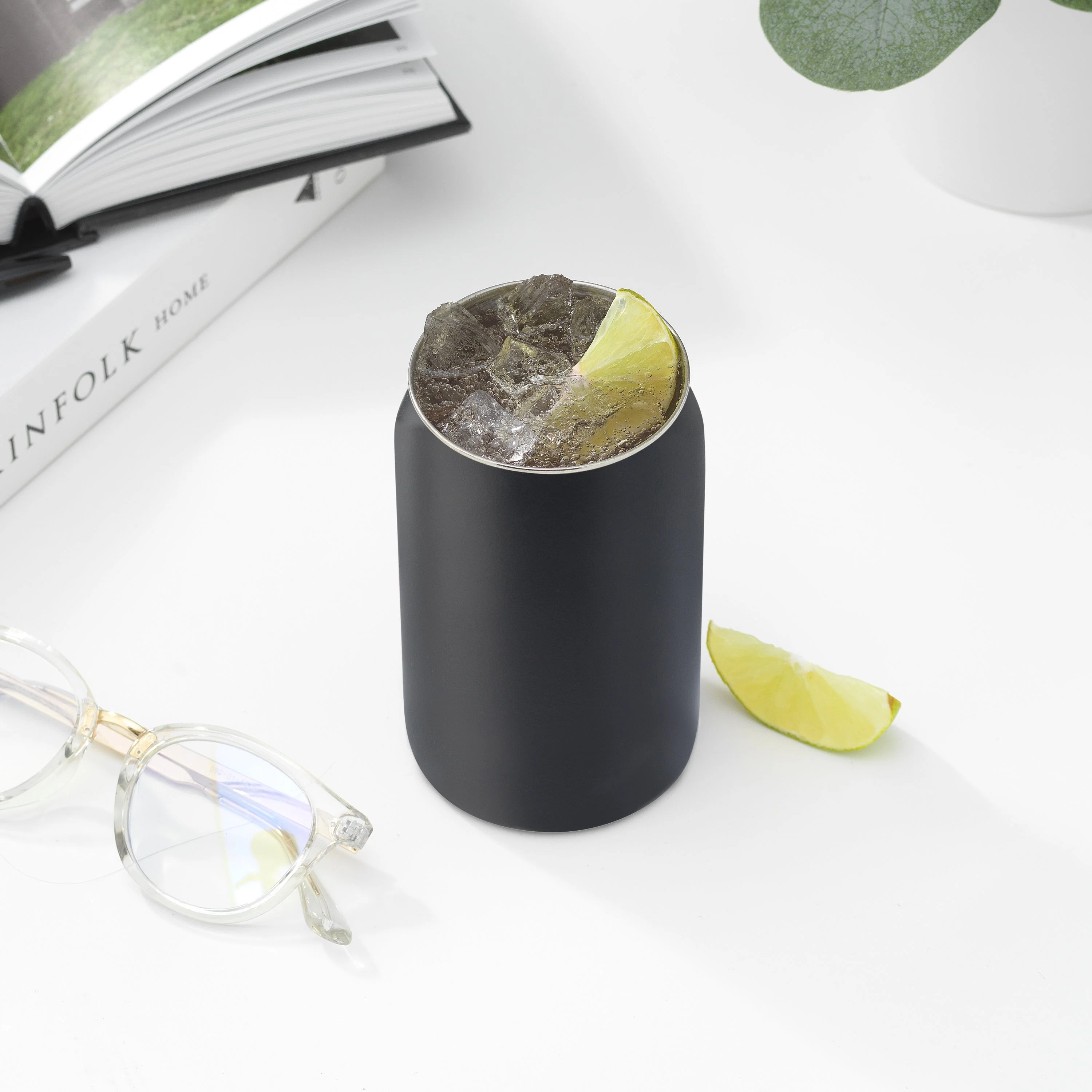 Stainless Steel Can Drinking Tumblers with 6 Straws & Brush- 16 oz - Black