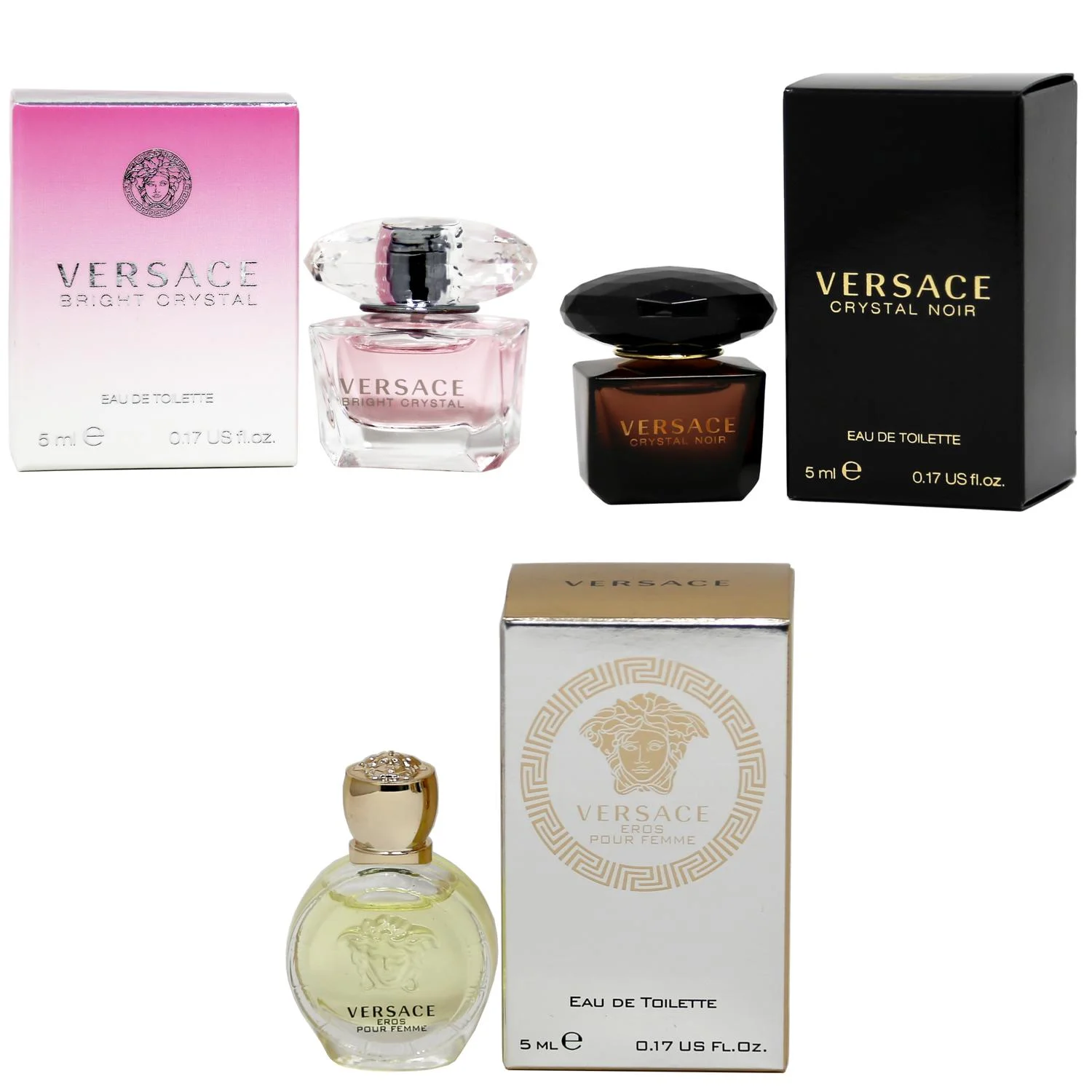 Versace Bright Crystal EDT, Crystal Noir EDT, Eros Women EDT - 5ml 3PK Kit