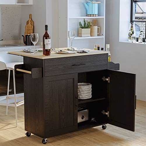IRONCK Rolling Kitchen Island Table on Wheels with Drop Leaf, Storage Cabinet, Drawer, Spice/Towel Rack, Kitchen Cart, 47.25
