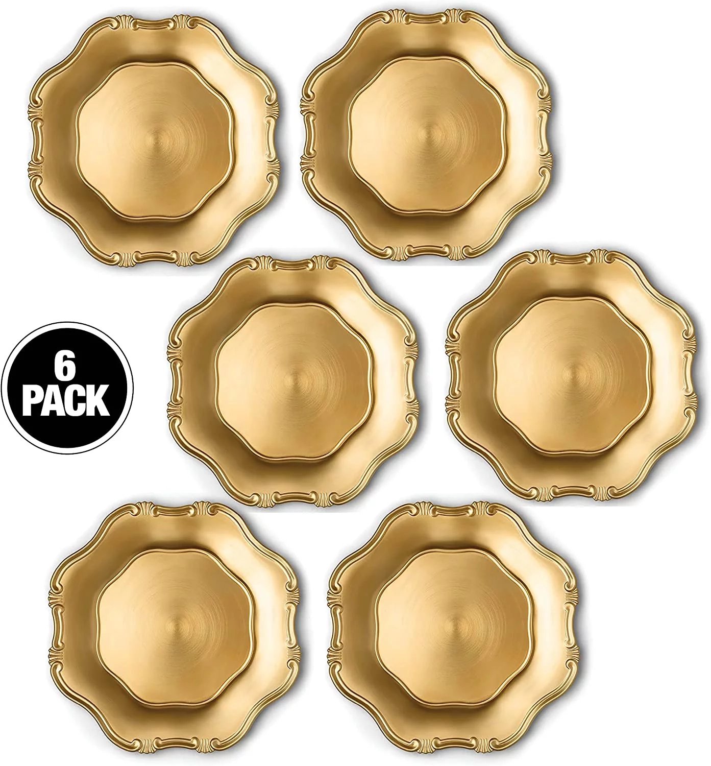 Chateau Fine Tableware Baroque Gold Charger Plates, 13” Elegant Chargers, Set of 6