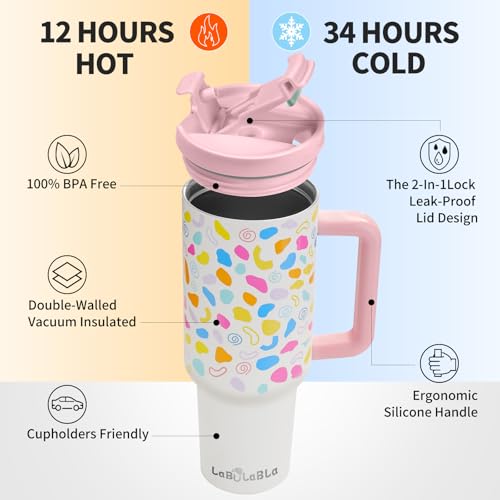 40oz Tumbler with Handle,Double Wall Vacuum Reusable Stainless Steel Insulated Water Bottle,With Leak Proof lid and Straw for Iced or Cold Beverages (light pink)