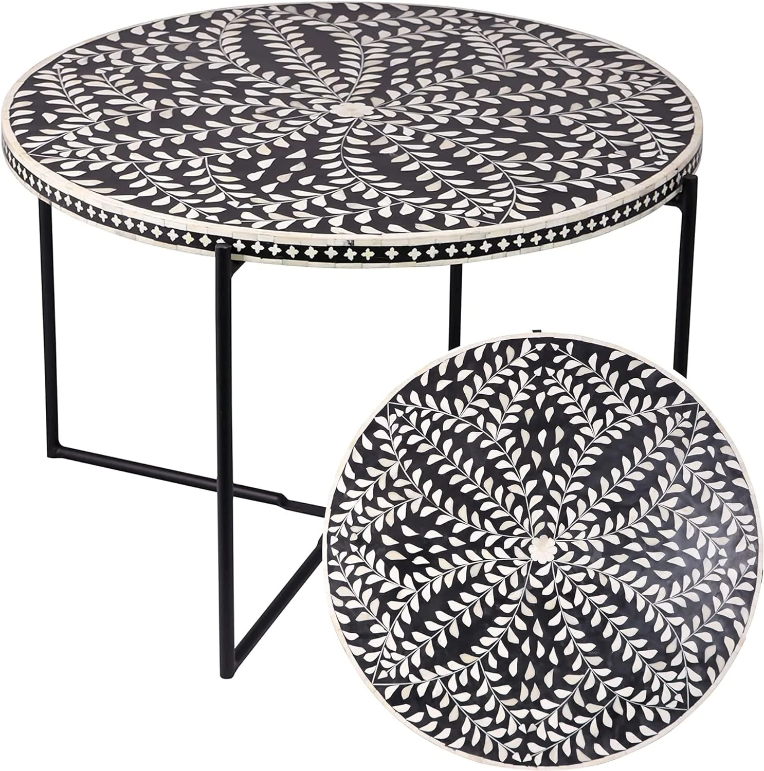 Round Coffee Table - 30”W X 19”H Wooden Floral Top, Metal Legs, Handmade Inlay Circular Modern Decor - Collapsible Living Room, Office Farmhouse, Industrial Cocktail Furniture, Black