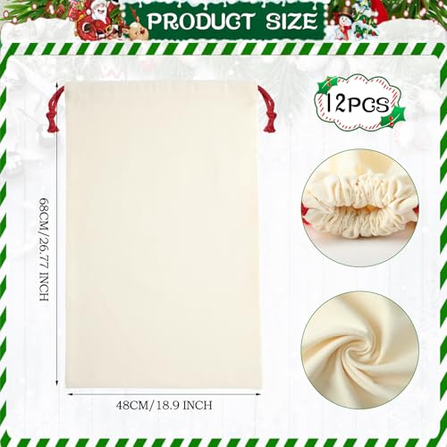 Abbylike 12 Pcs Santa Sublimation Blank Christmas Sack with Drawstring Large Christmas Natural Cotton Heavy Duty Sack Laundry Bag for Xmas Gift Sublimation Drawstring Bag 18.9 x 26.8 Inch (Multicolor)