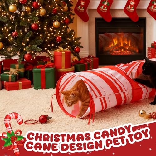 Aliceset Christmas Cat Tunnel Red Candy Cane Cat Toys Christmas Tree Kitty Tunnel Pet Xmas Interactive Safety Spring Steel Frame