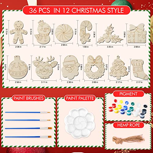 YEGEER 36Pcs Christmas Crafts for Kids, Unfinished DIY Wooden Art Craft Supplies Painting Kit for Boys Girls, Xmas Stocking Stuffers Toys Classroom Party Favors Gifts for Ages 4-8 8-12