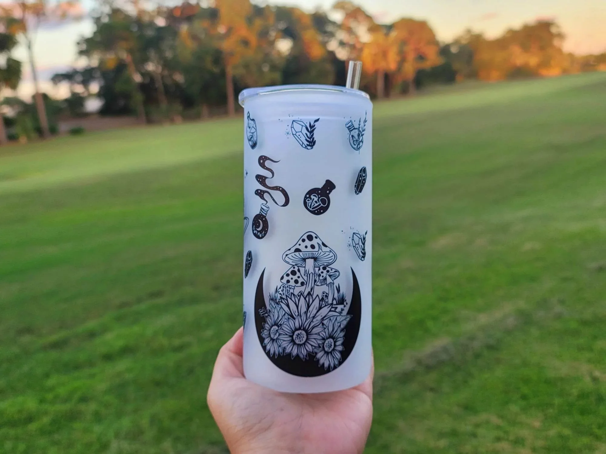 Mushroom Beer Can Glass | Boho Moth Coffee Glass | Aesthetic Coffee Glass | 20 oz