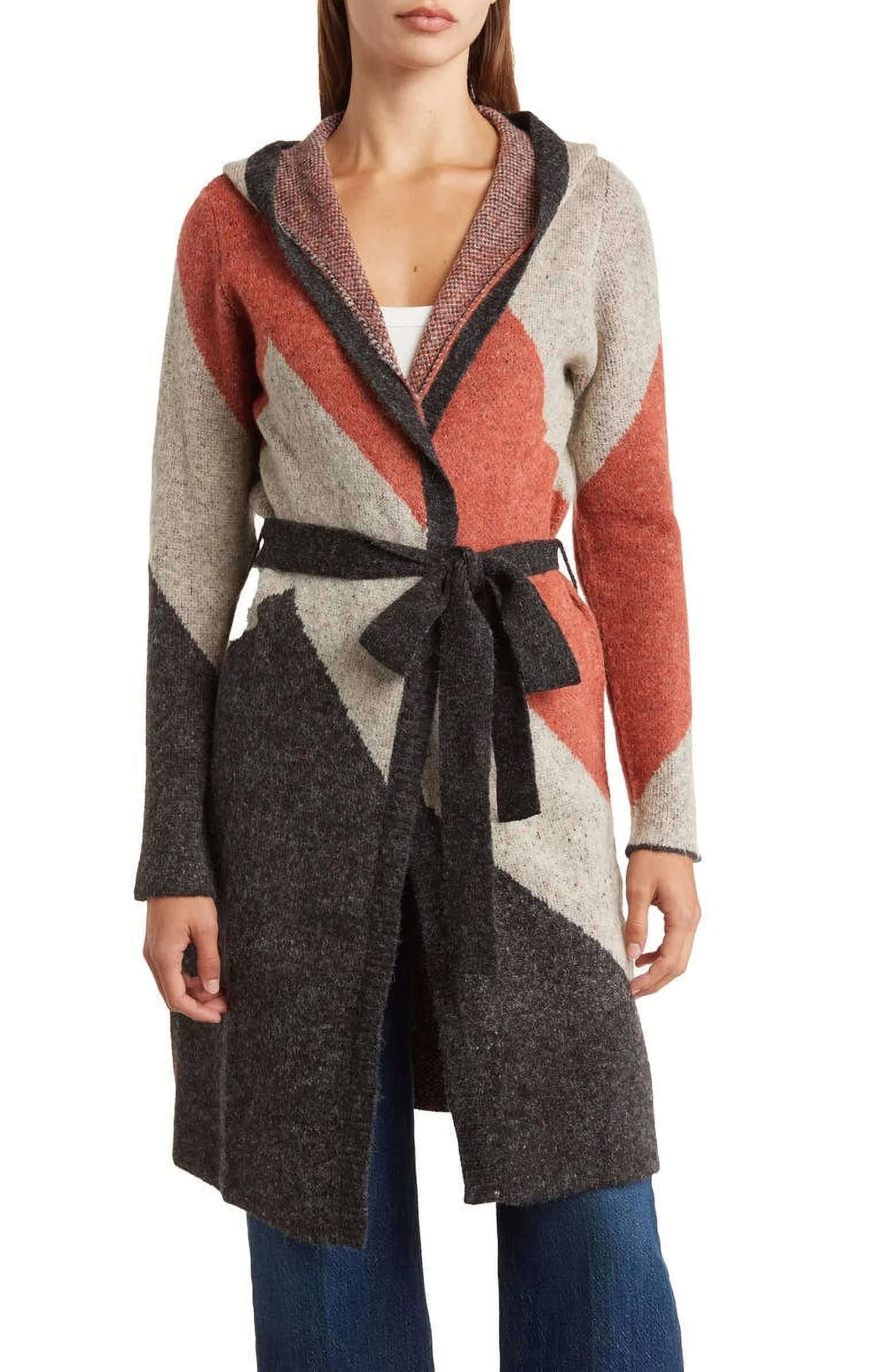 Joseph A. Women's MITERED Color Block Long Sleeve Tie Front Sweater, L