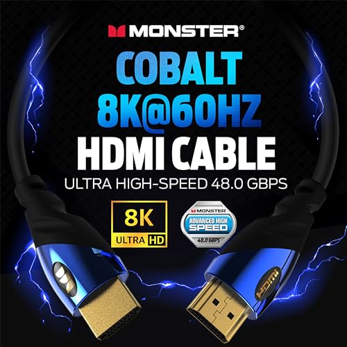 Monster 8K HDMI Cable — Xbox Series X & PlayStation 5 HDMI Cable w/ 24K Gold Contacts & V-Grip, 48 Gbps Speed, 60/120 Hz Refresh Rate, Dynamic HDR & eARC for Superior Visuals & Audio (12 FT)