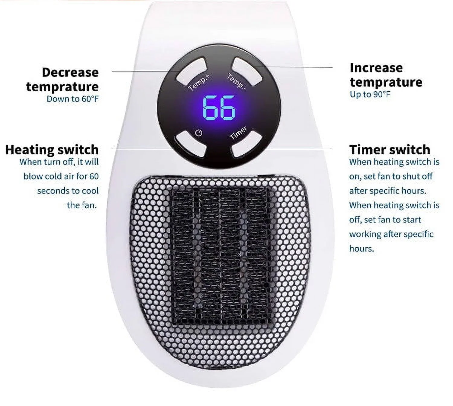 500W Mini Plug-in Wall Heater With Digital Timer