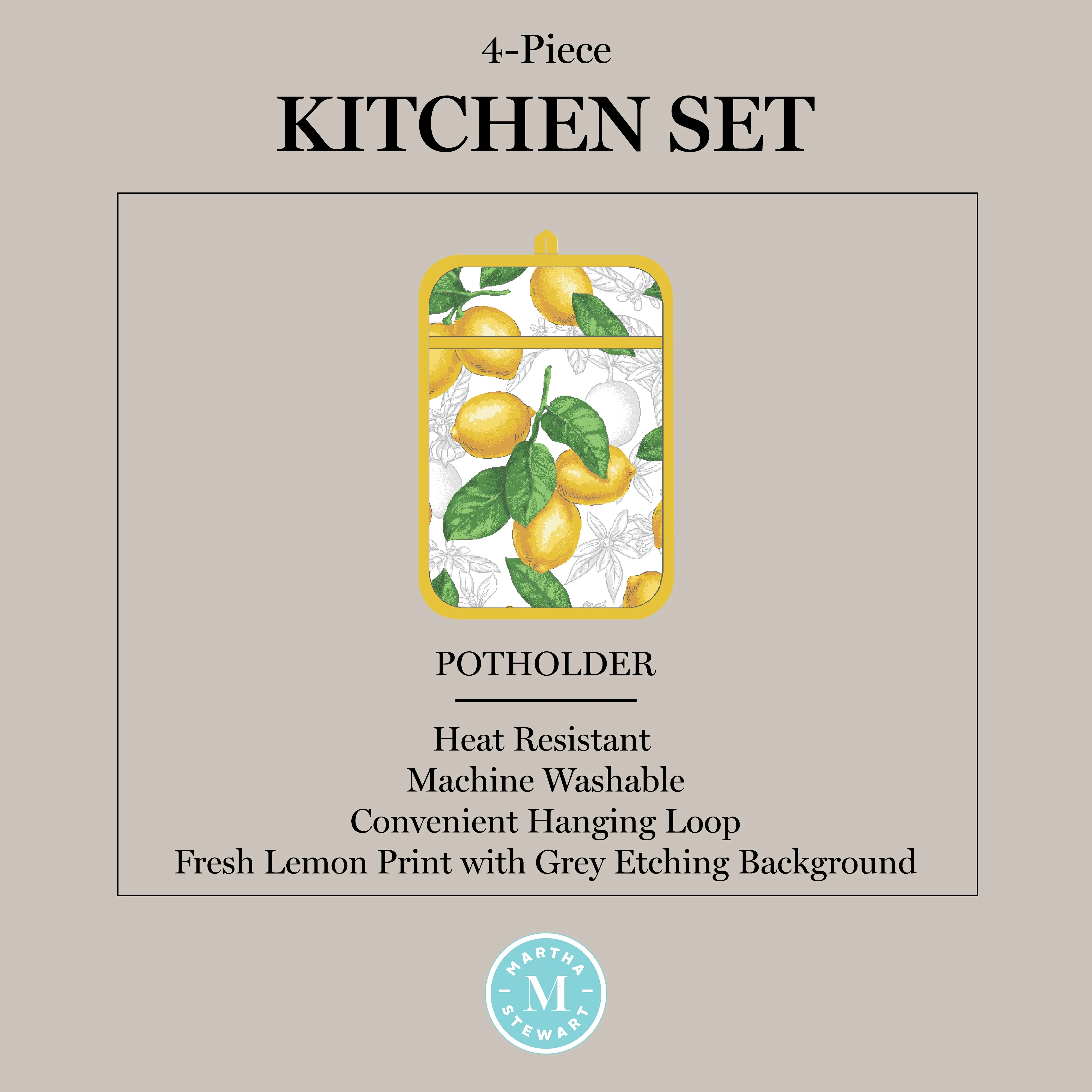 Martha Stewart Lots of Lemons Modern Kitchen Towel, Oven Mitt & Potholder Set 4-Pack, White-Yellow, 2KT: 16