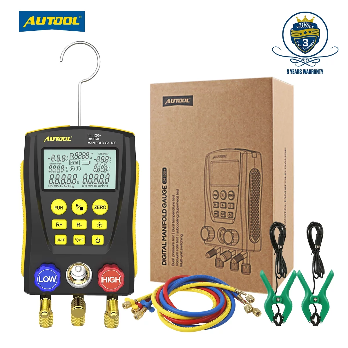 AUTOOL LM120+ Air-Conditioning R134A Refrigerationt Digital Manifold Gauge Set HVAC Vacuum Pressure Temperature Tester Kit Support 89 Kinds Refrigerant AC Leak Detector Kit