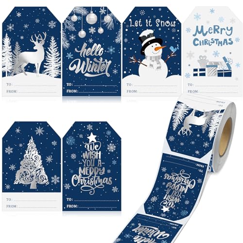 Pasimy 300 Pcs Christmas Gift Stickers Self Adhesive Xmas Gift Tag Christmas Label Sticker Snowman Xmas Tree Deer Name Sticker for Winter Holiday Party Supplies