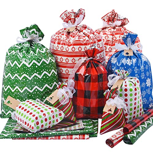 Christmas Gift Bags, 34pcs Assorted Sizes With Ribbon Ties&Tags, Xmas Favor Goody Reusable Plastic Holiday Gift Bag Bulk Jumbo/Extra Large/Medium