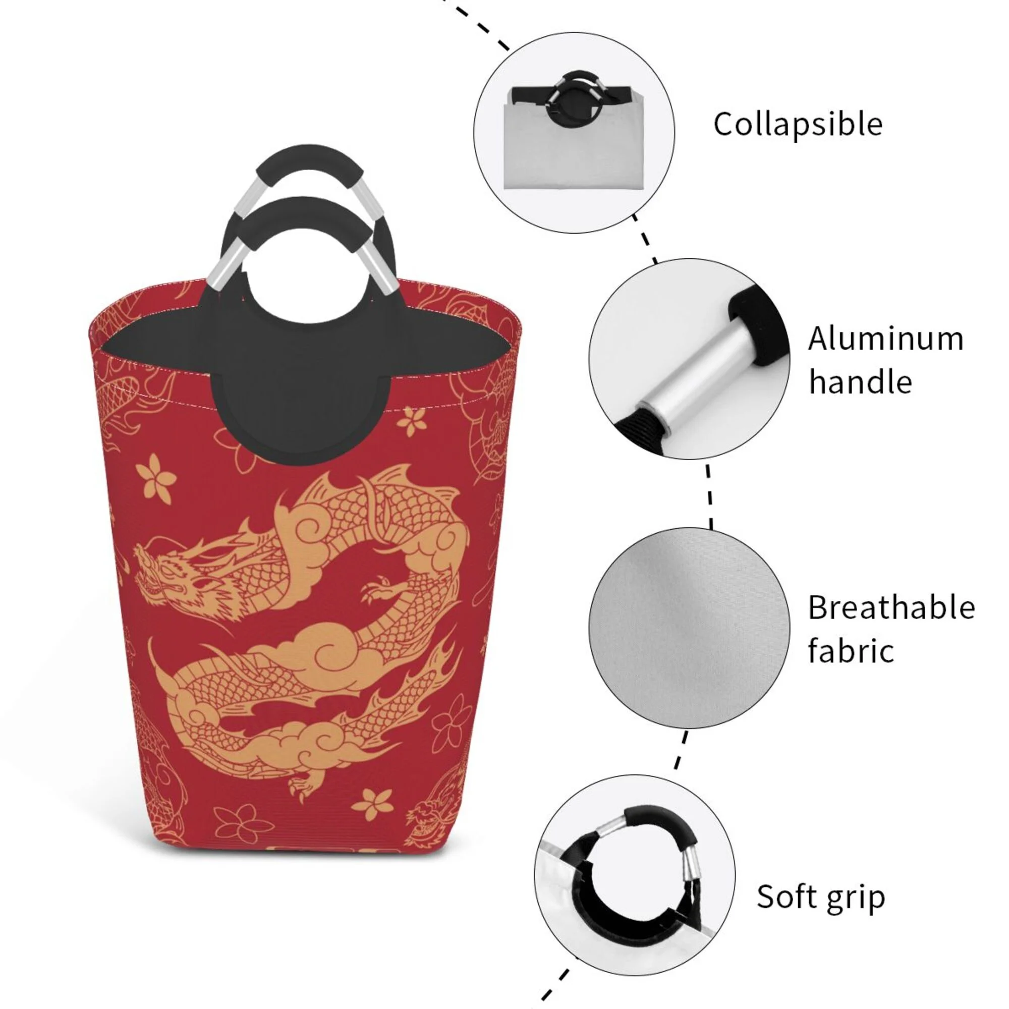 TEQUAN 50L Large Rectangular Laundry Hamper with Aluminum Handles, Red Chinese Dragon Prints Waterproof Foldable Dirty Clothes Basket