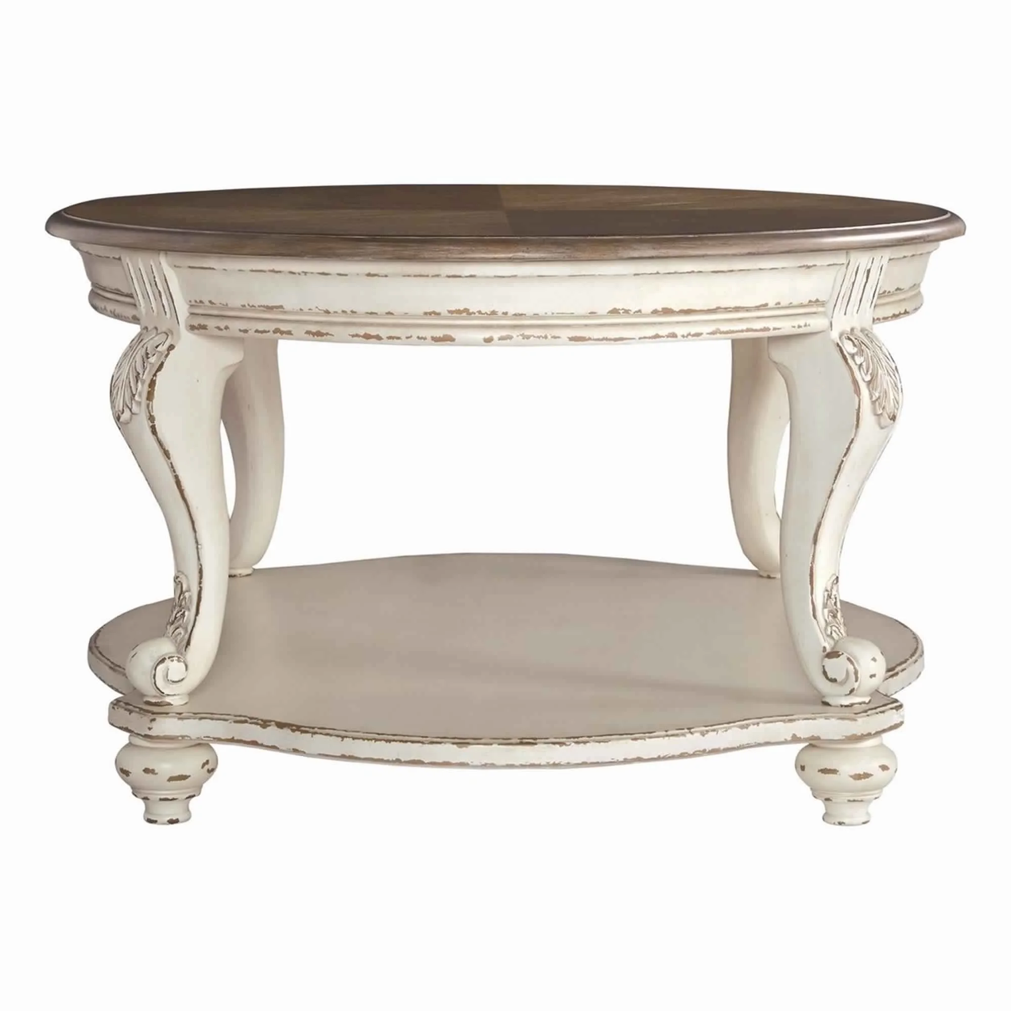 Two Tone Oval Cocktail Table with Bottom Shelf Antique White and Brown- Saltoro Sherpi