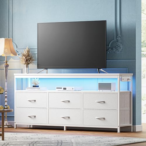 Huuger LED TV Stand for Bedroom, 47 Inch Dresser TV Stand for 43, 50, 55 Inch TV, Black TV Stand with Storage, Entertainment Center with Power Outlets, 6 Drawer Fabric Dresser for Living Room