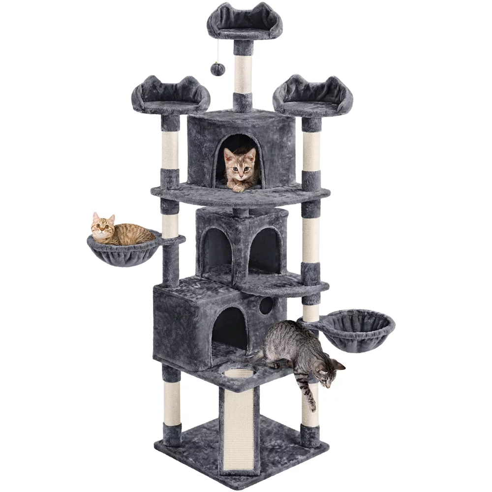 Topeakmart 76.5" H Multilevel Large Cat Tree Scratching Post Tower with 3 Condos & 2 Baskets, Dark Gray