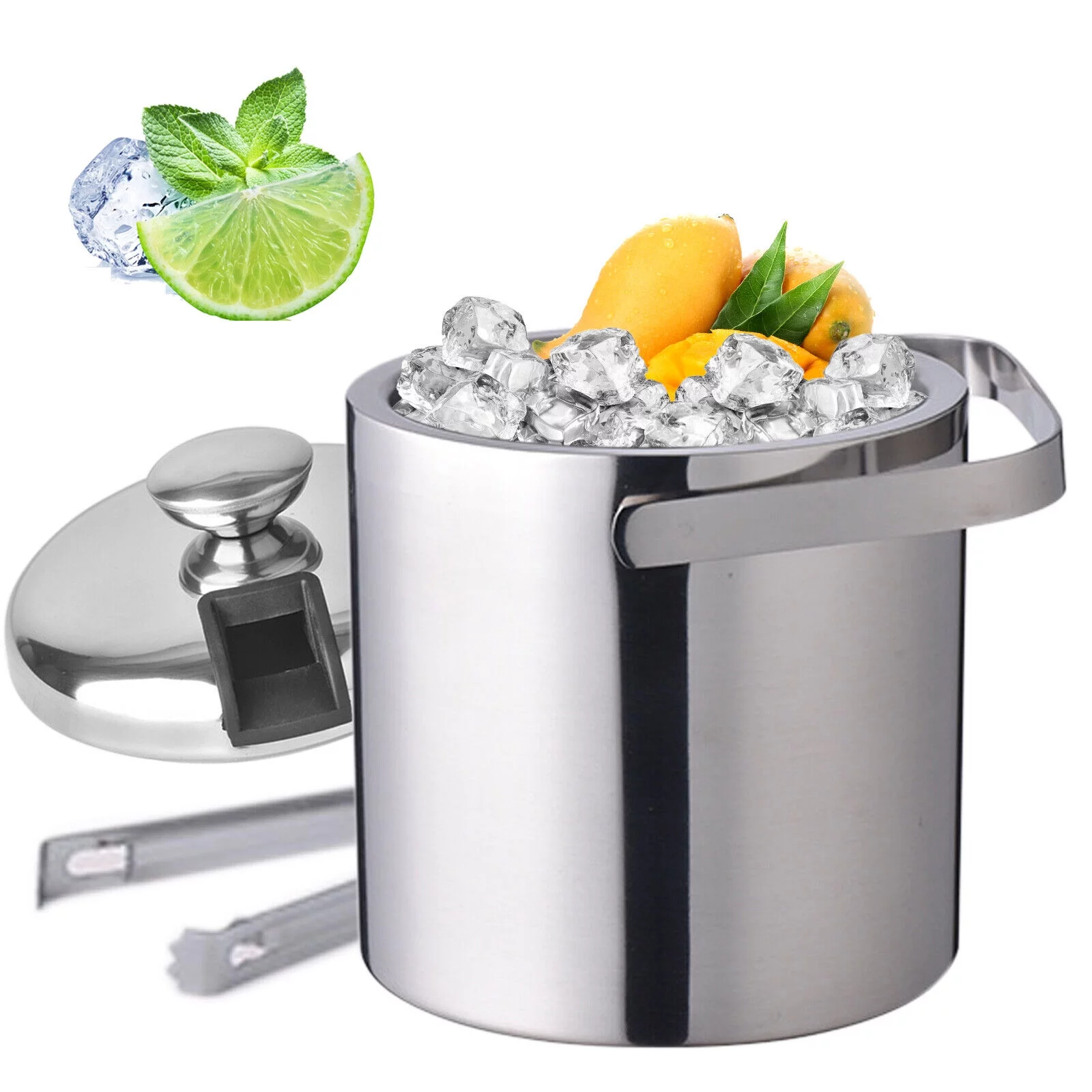 YIYIBYUS Stainless Steel Ice Bucket Double Wall Insulated Ice Bucket Champagne &Wine Bucket1.3L with Lid Strainer and Ice Tong