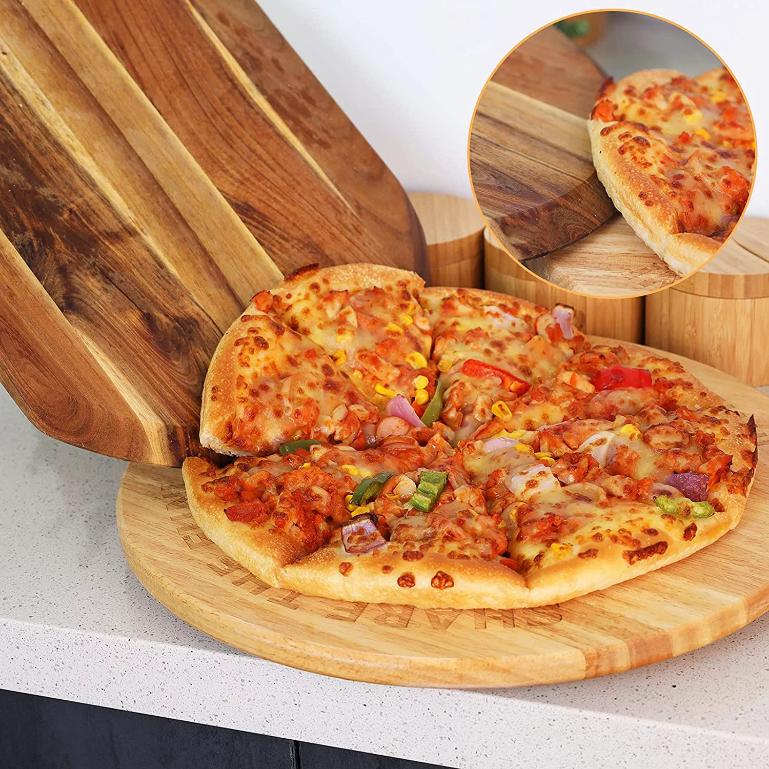 Acacia Wood Pizza Board With Cutter, 19 x 12 Inch Paddle Board Great for Homemade Pizza, Cheese and Charcuterie